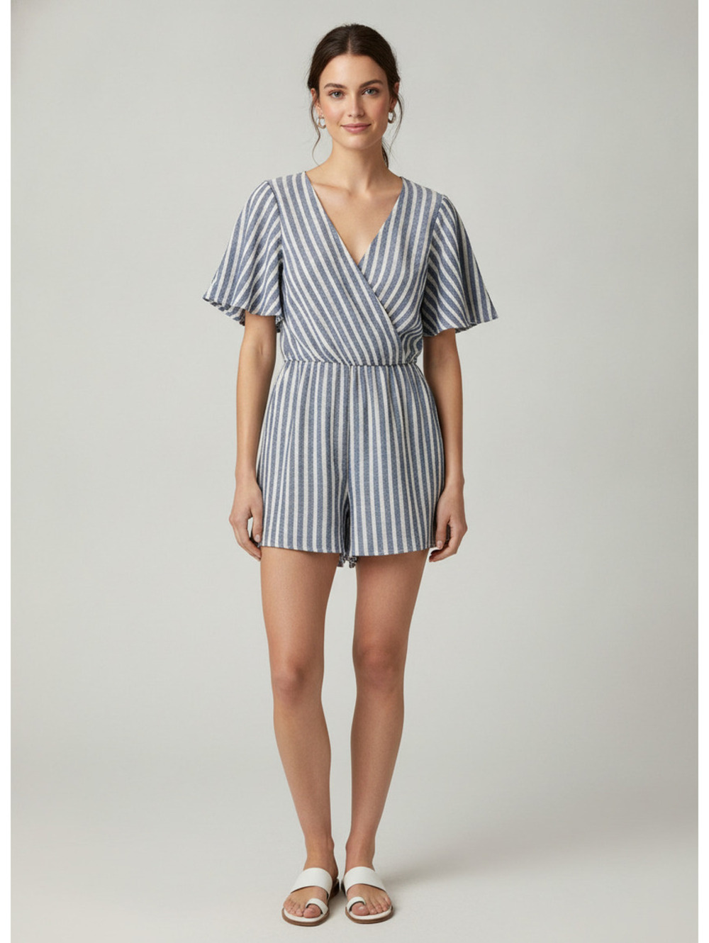Women's Blue and White Striped Wrap-Front Romper with Flutter Sleeves, Size XS